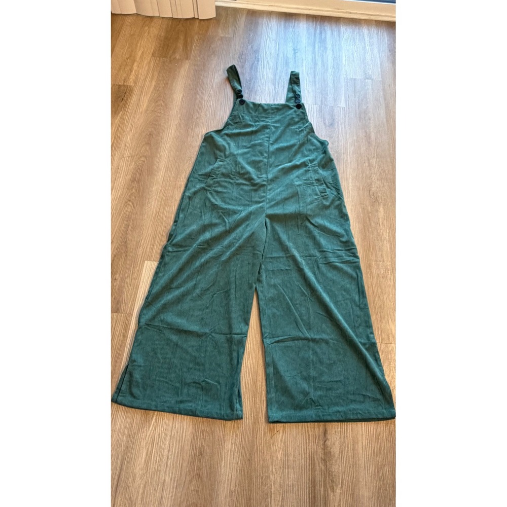 Green Corduroy Wide Leg Overalls XL Teal Ribbed Sleeveless Jumpsuit with Pockets